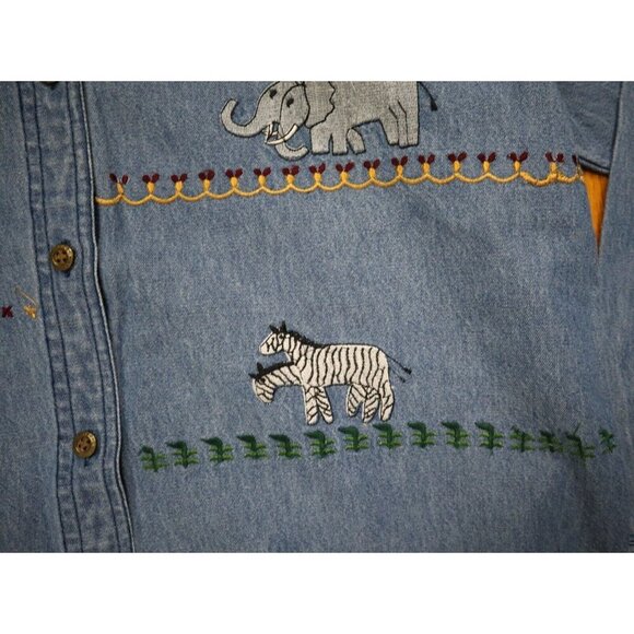 WOMEN'S NOAH'S ARK THEMED DENIM BUTTON-UP SHIRT - SIZE L - WAY TO GO - Picture 5 of 8